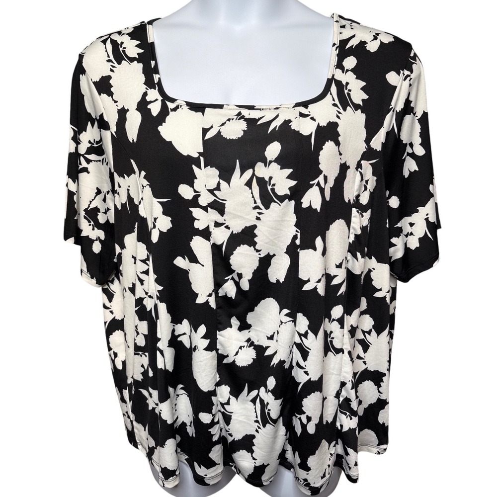 ZAC & RACHEL Black‎ White Floral Square Neck Short Sleeve Top 2X Office Modest